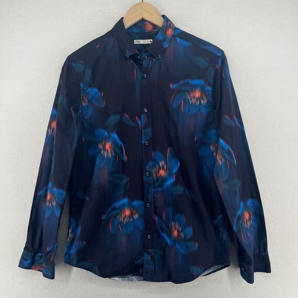 Zara Tops - ZARA Top Womens M Floral Tie Dye Button Front Blouse Long Sleeve Casual Blue